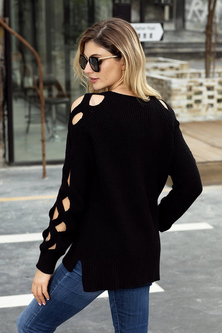 Fashion Black Cutout Detail Ribbed Knit Sweater