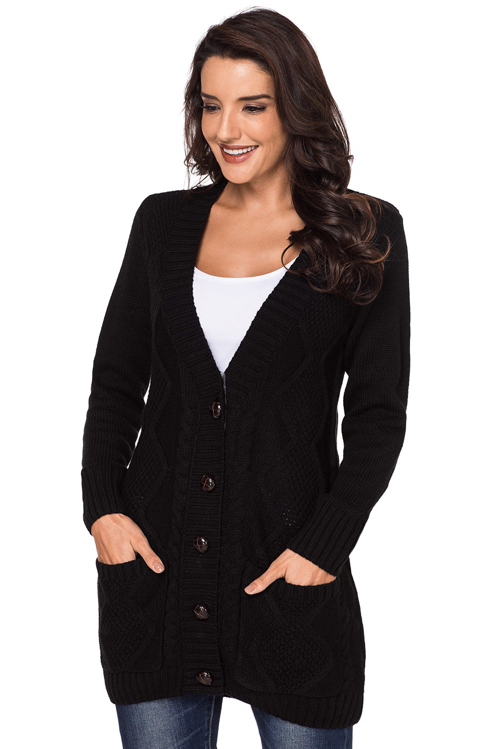 Fashion Black Front Pocket and Buttons Closure Cardigan