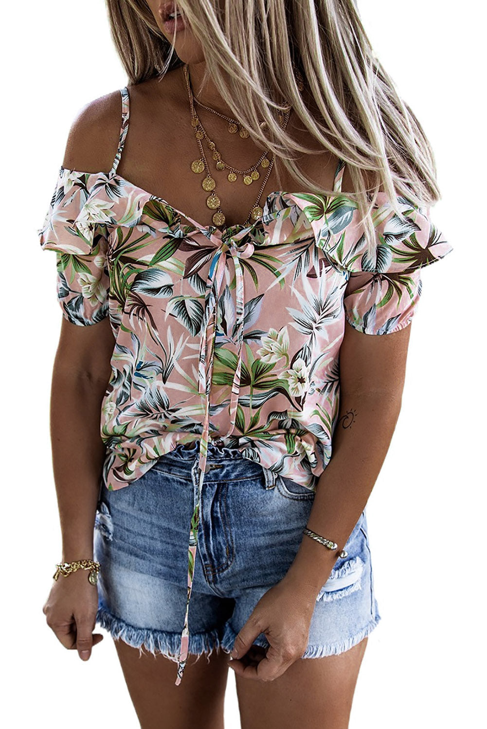 Floral Print Spaghetti Strap Ruffled Lace-up Short Sleeve Top