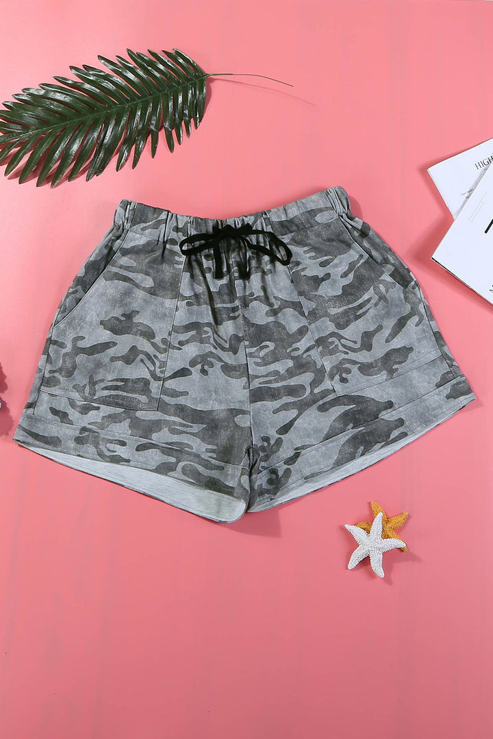 Gray Camouflage Print Drawstring Elastic Waist Pocketed Casual Shorts