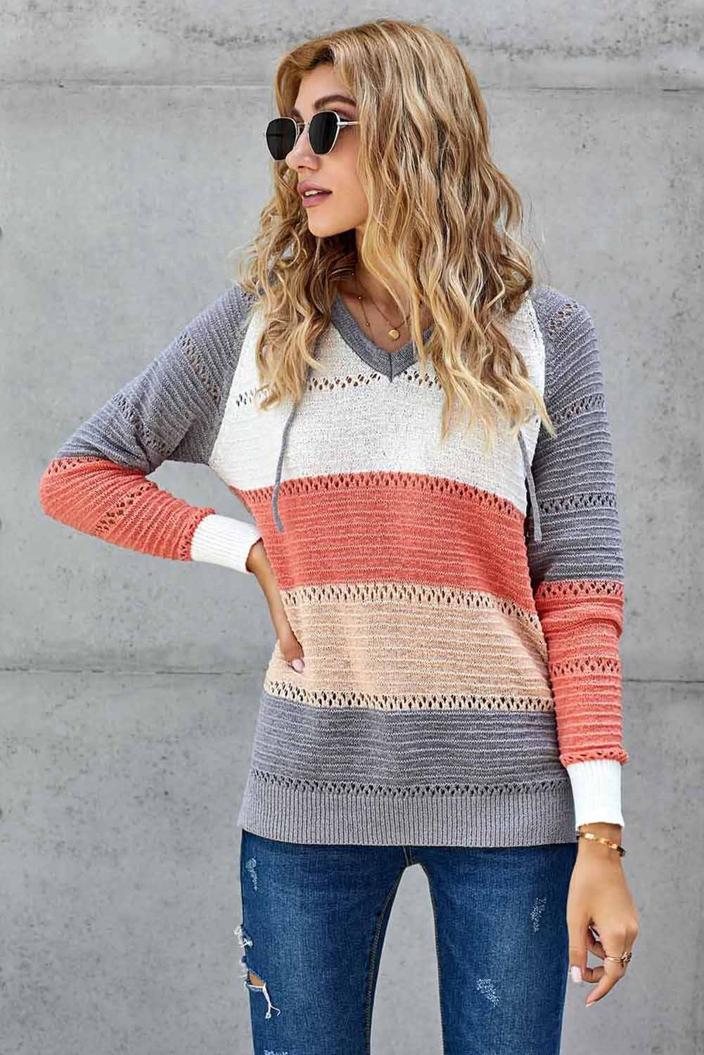 Gray Color Block Beach Bonfire Knitted Hoodie