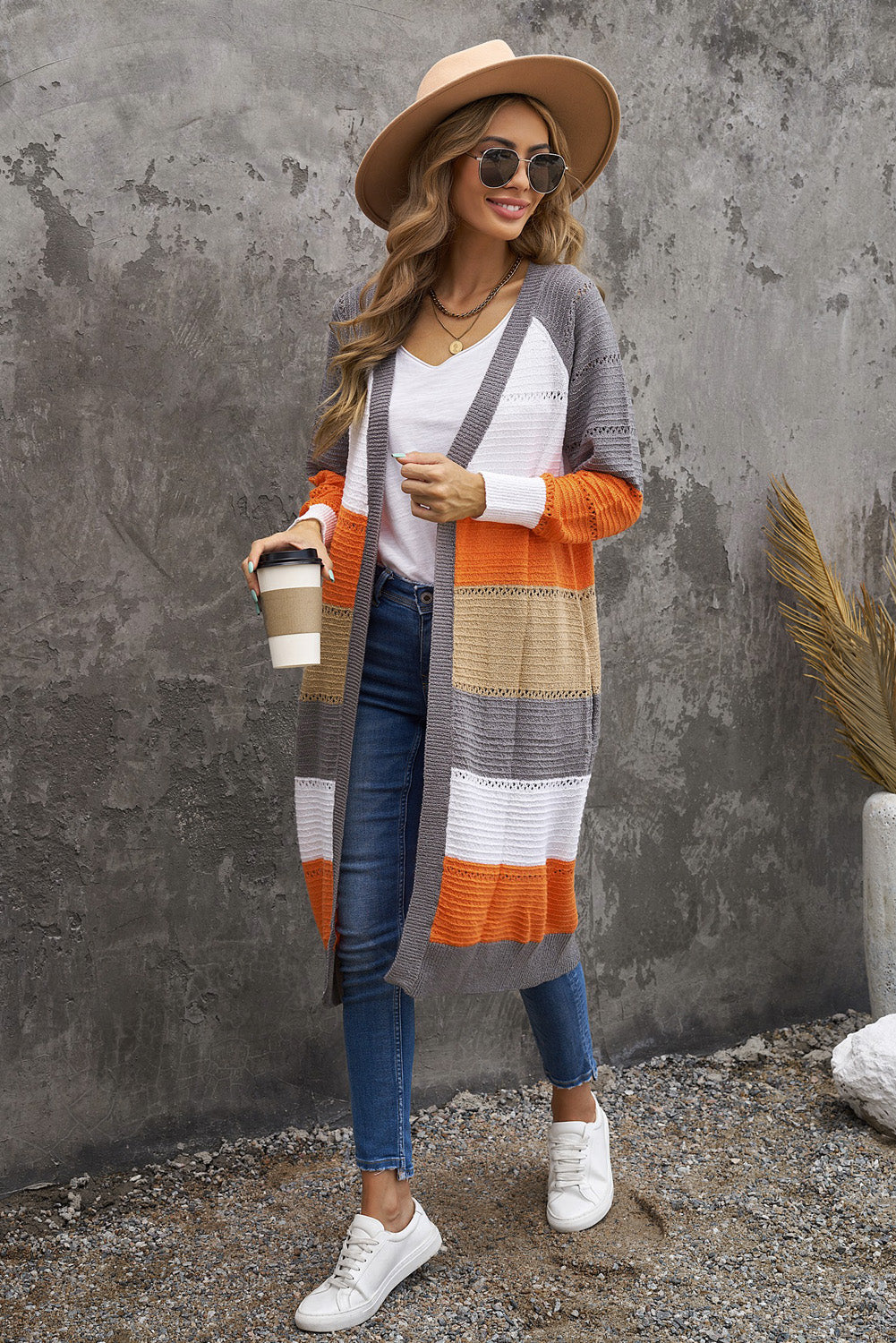 Gray Color Block Eyelet Knitted Lightweight Long Cardigan