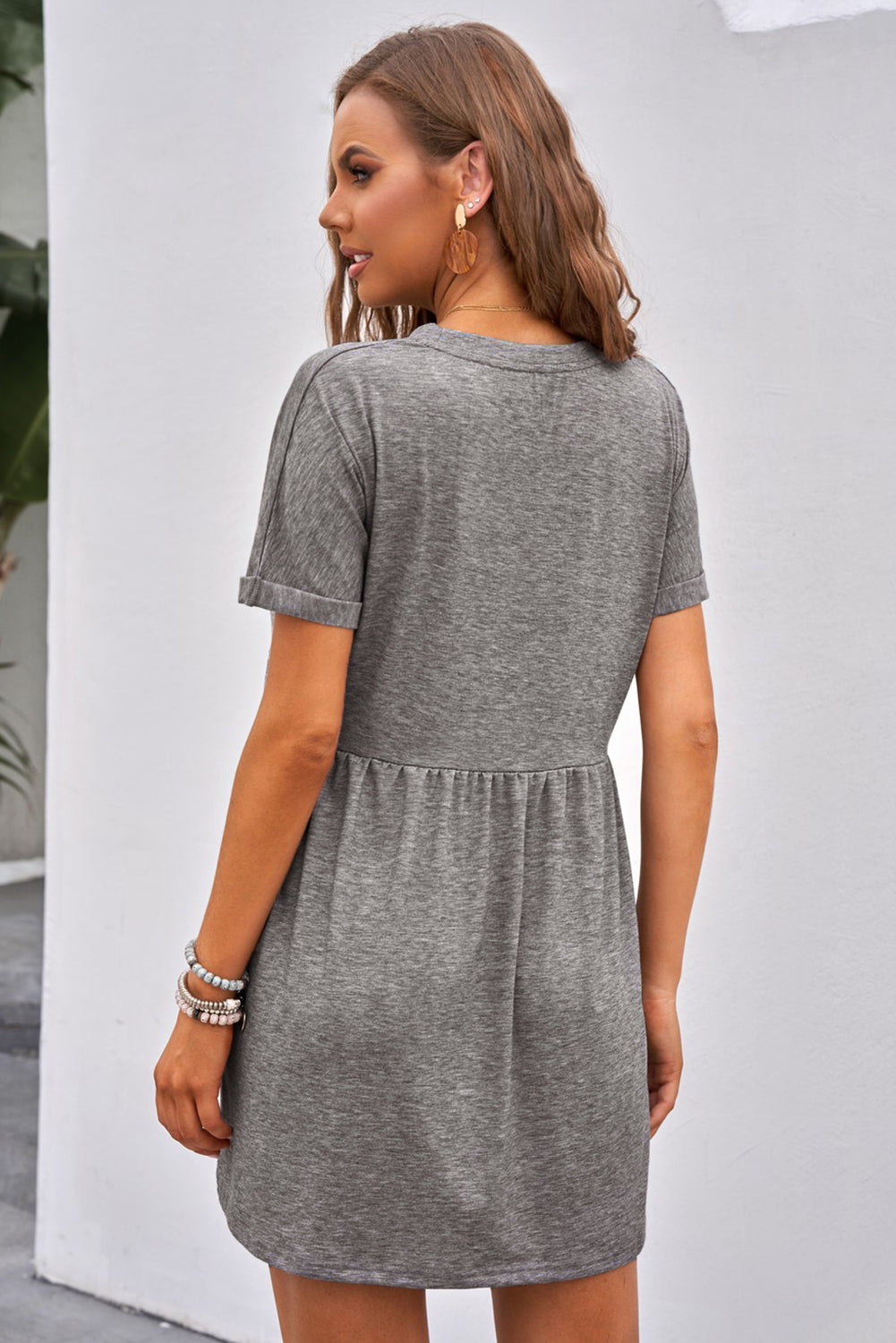 Gray Cotton Blend Empire Waist Short Sleeve T-shirt Mini Dress