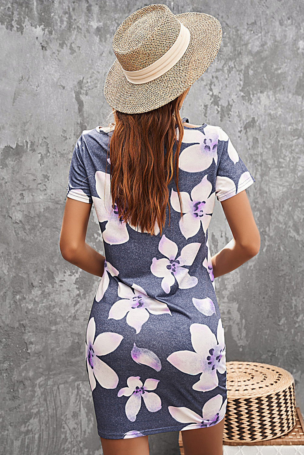 Gray Floral Print Hollow Out Twist Short Sleeve T Shirt Mini Dress
