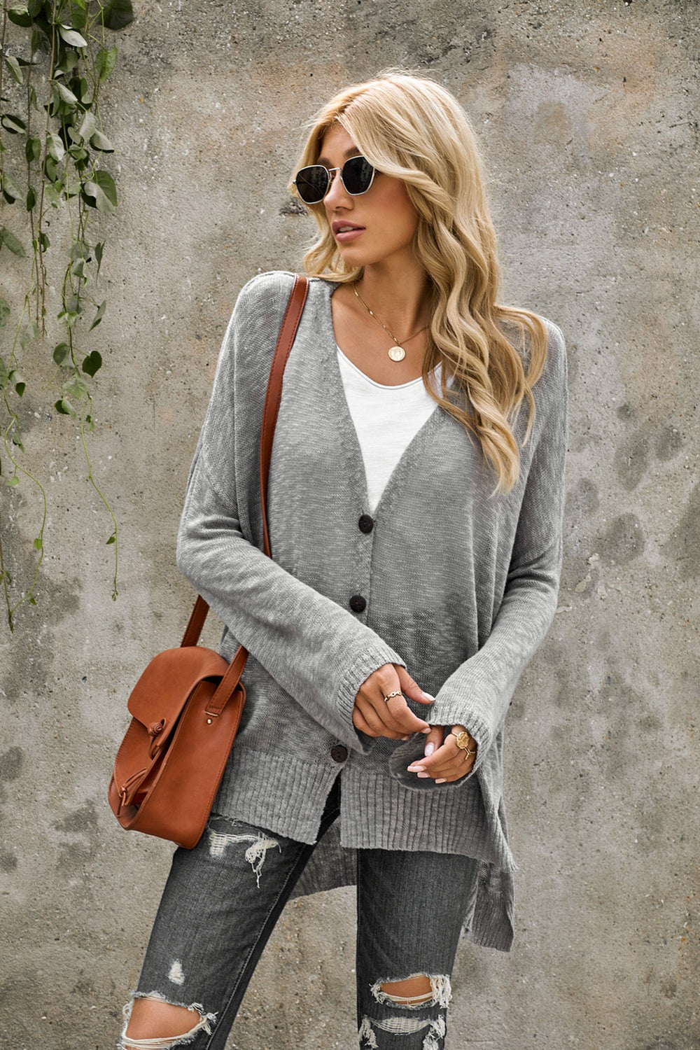 Gray Loose Lightweight Buttoned Sheer Knit Cardigan