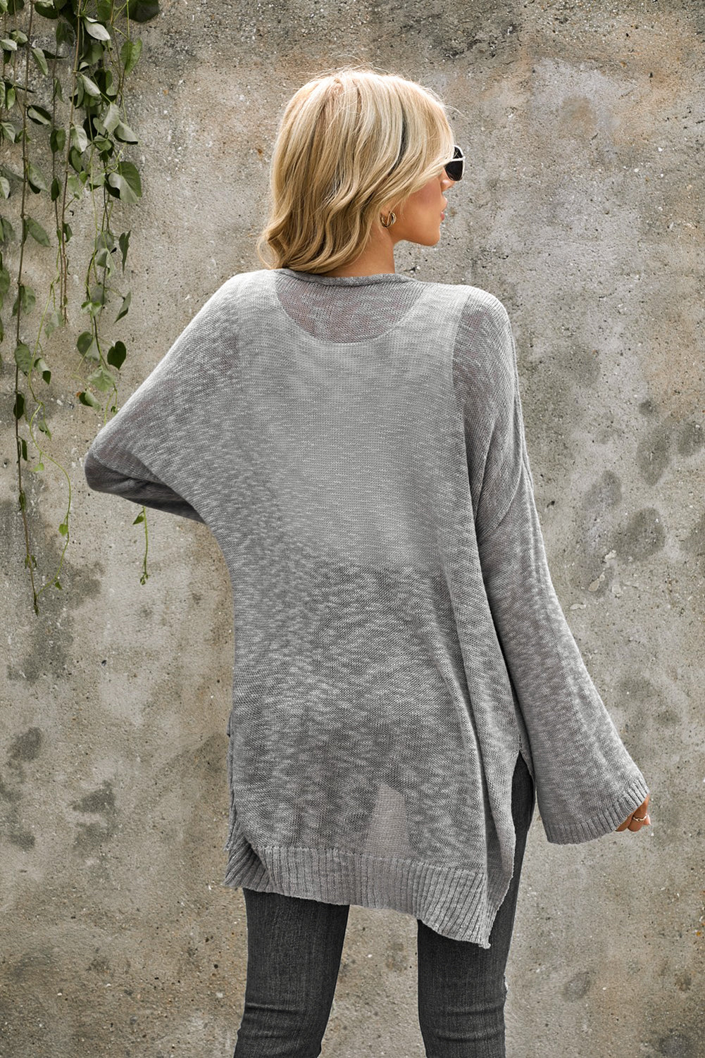 Gray Loose Lightweight Buttoned Sheer Knit Cardigan