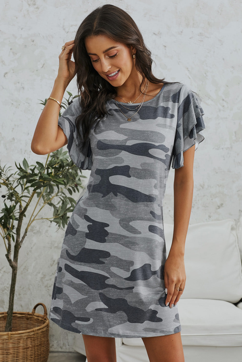 Gray Pile Of Sleeves Camouflage Casual Dress