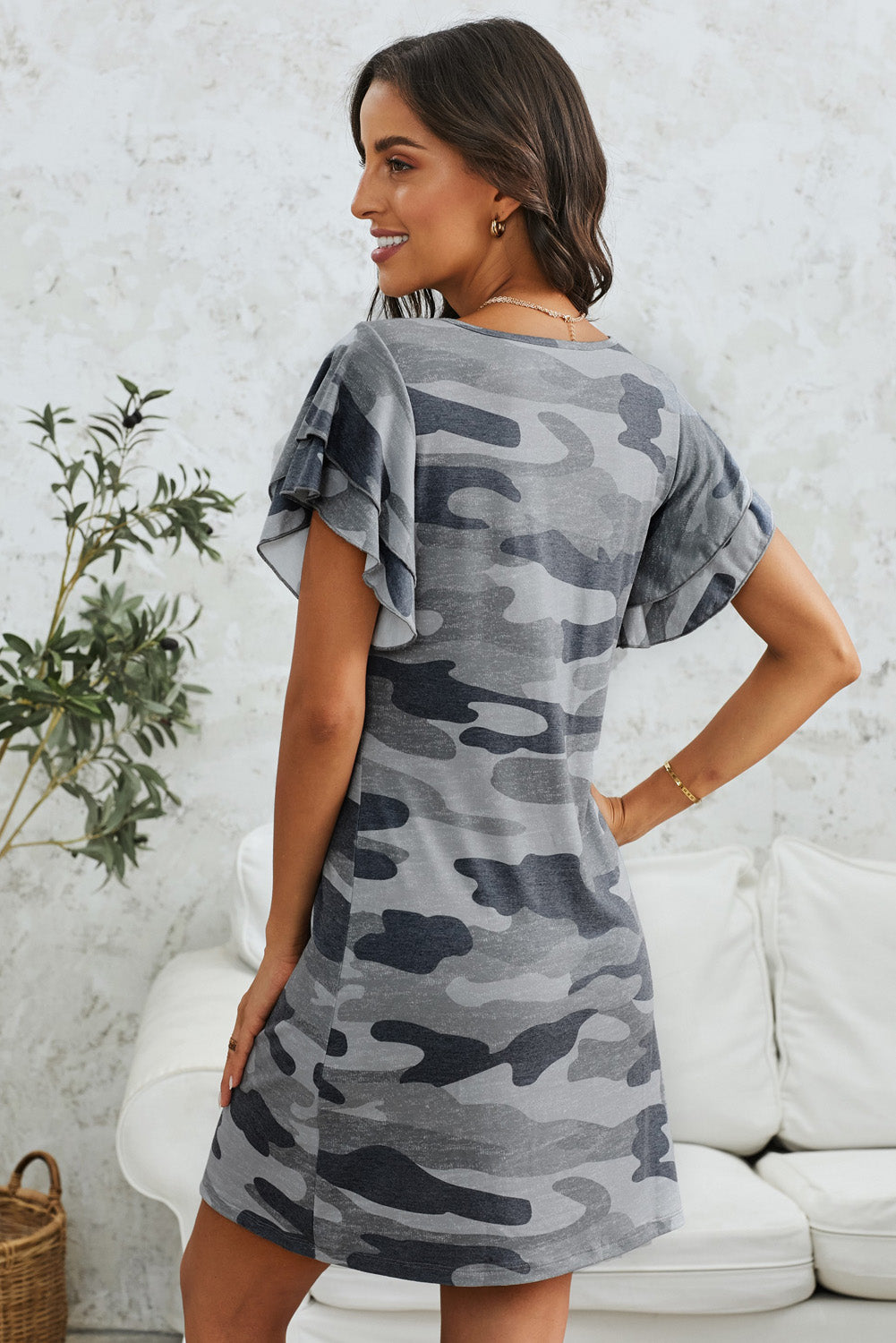 Gray Pile Of Sleeves Camouflage Casual Dress