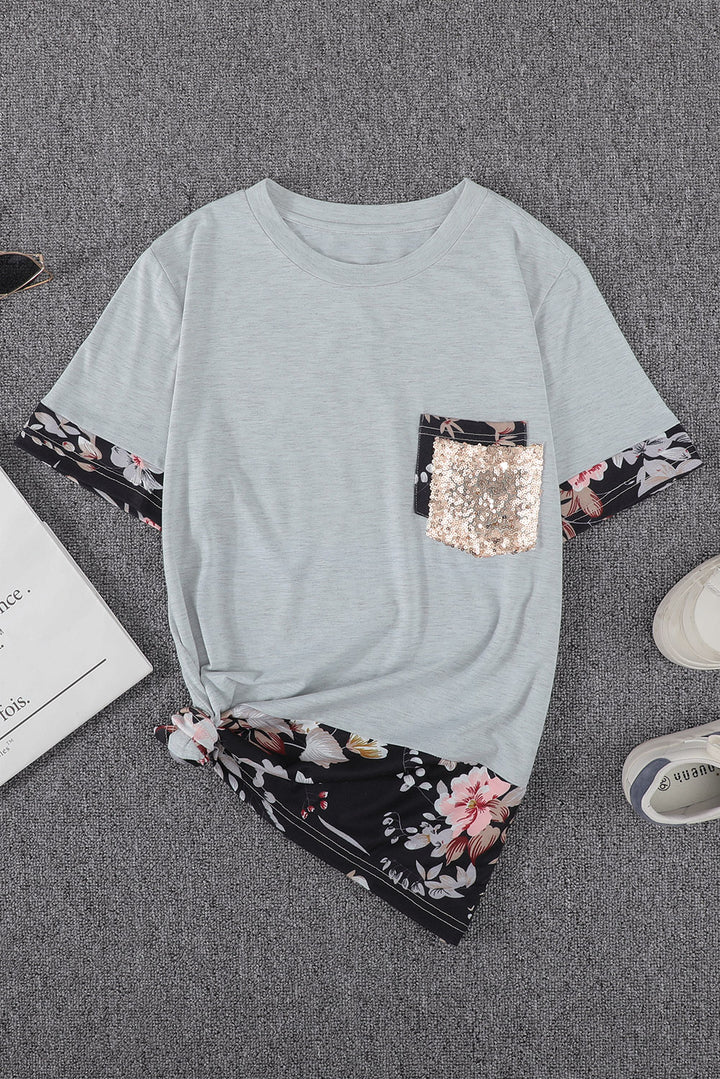 Gray Sequins Accent Floral Splicing Short Sleeve Casual Tee