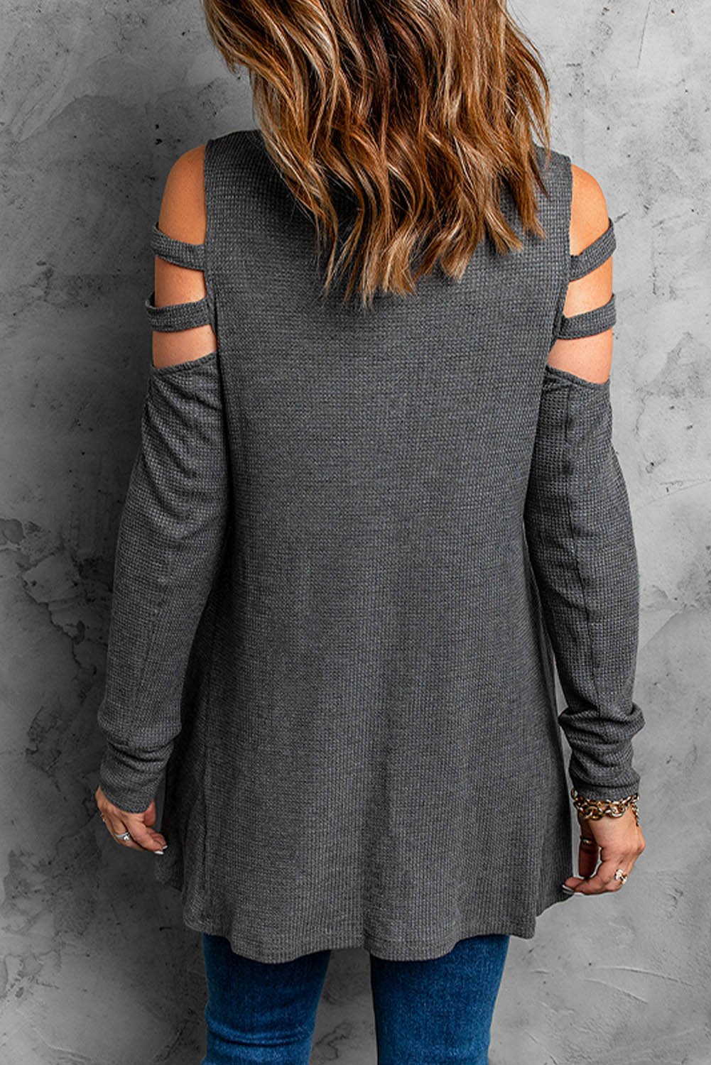 Gray Zip Neck Cut-out Waffle Knit Long Sleeve Tunic Top