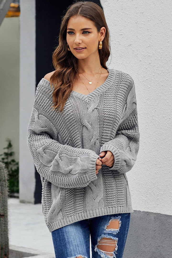 Gray Bubblegum V-Neck Braided Knit Sweater