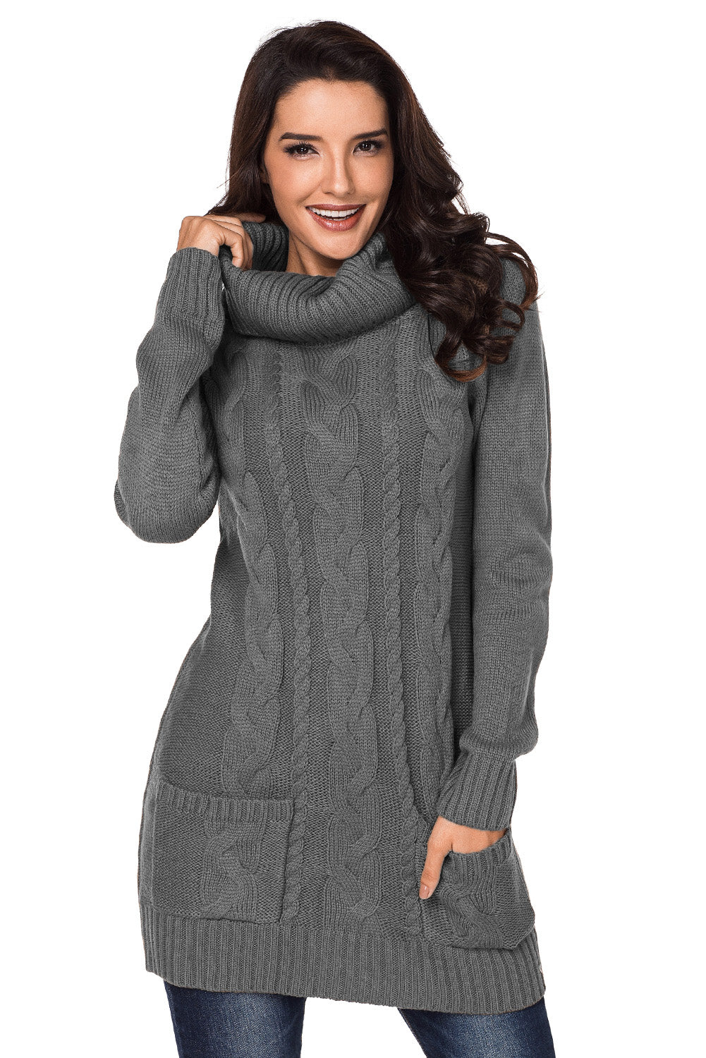 Gray Cowl Neck Pockets Cable Knit Sweater Dress