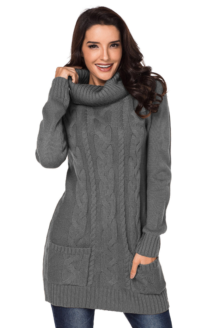 Gray Cowl Neck Pockets Cable Knit Sweater Dress