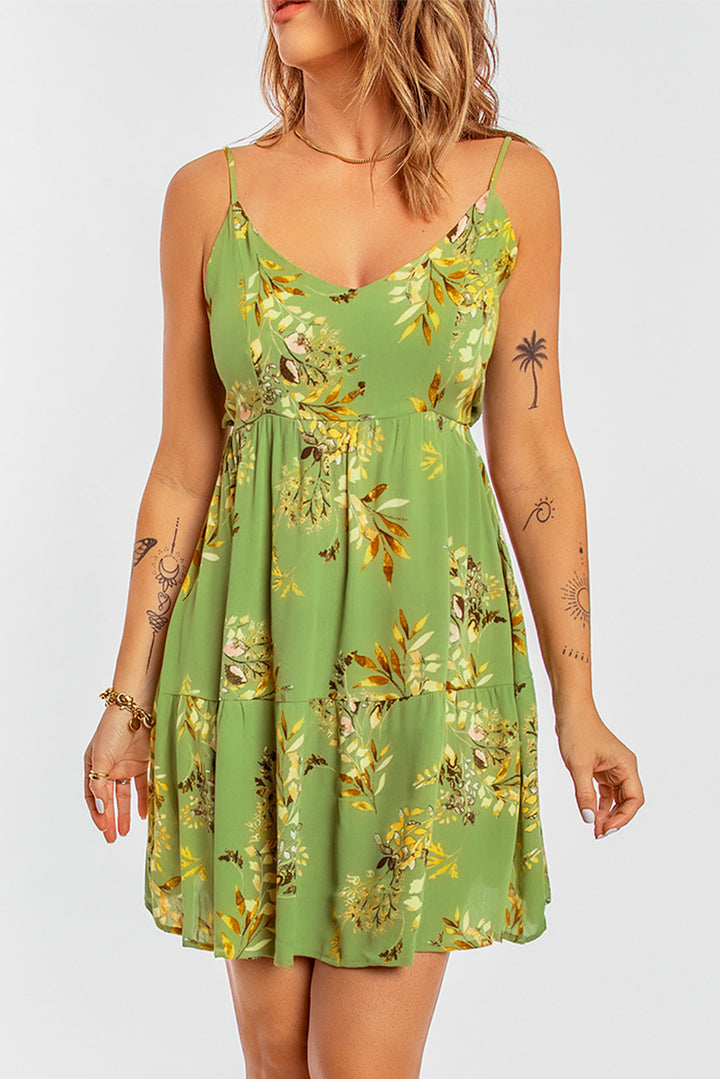 Green Backless Tied Floral Pattern Spaghetti Straps Dress