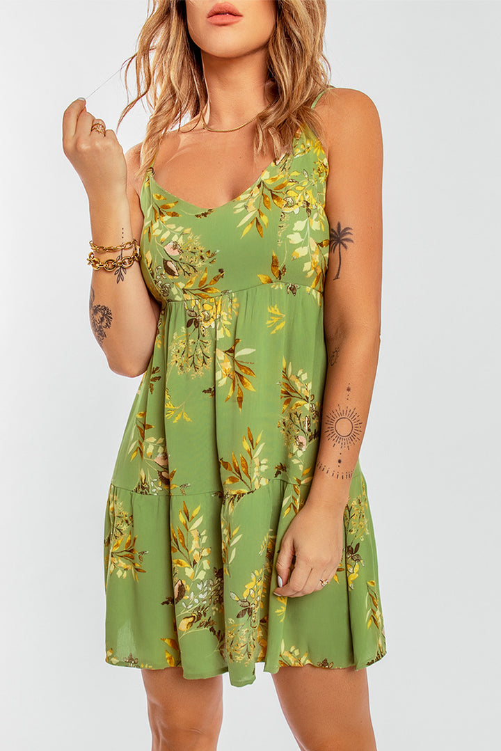 Green Backless Tied Floral Pattern Spaghetti Straps Dress