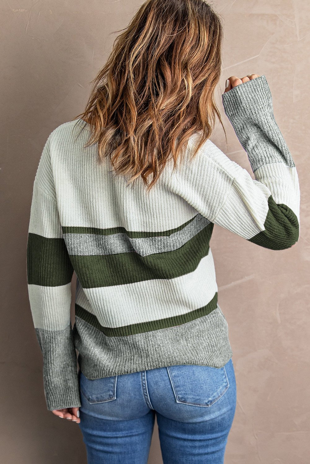 Green Button Closure Colorblock Knit Sweater
