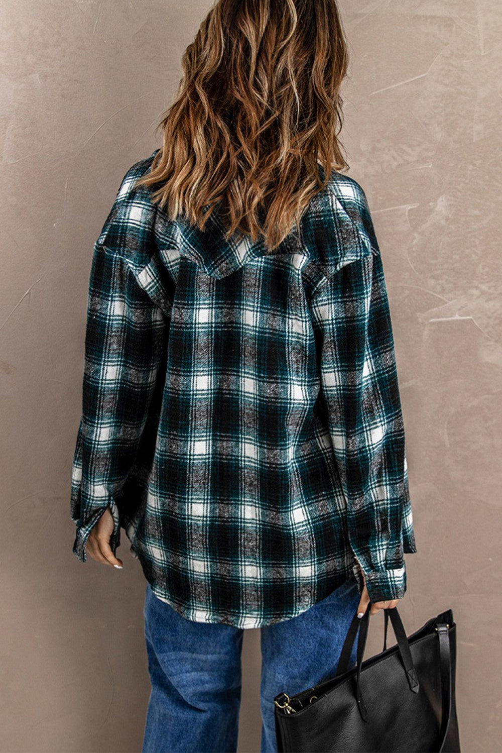 Green Buttons Pocketed Plaid Shacket