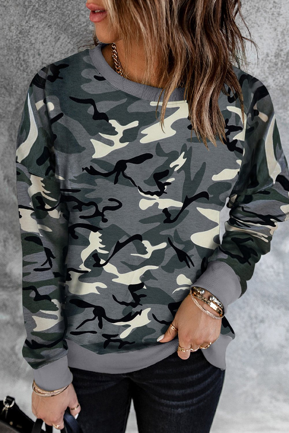 Womens Green Camouflage Pullover Sweatshirt