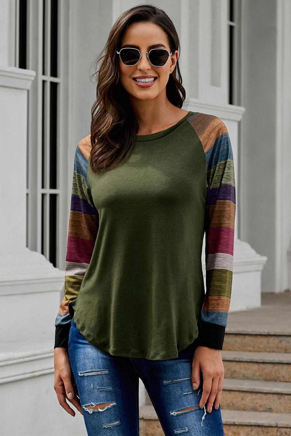 Green Color Block Long Sleeves Pullover Top