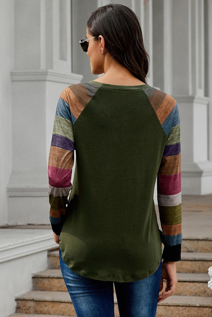 Green Color Block Long Sleeves Pullover Top