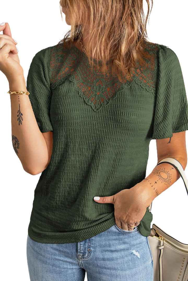 Green Crochet Splicing Flutter Short Sleeve Top