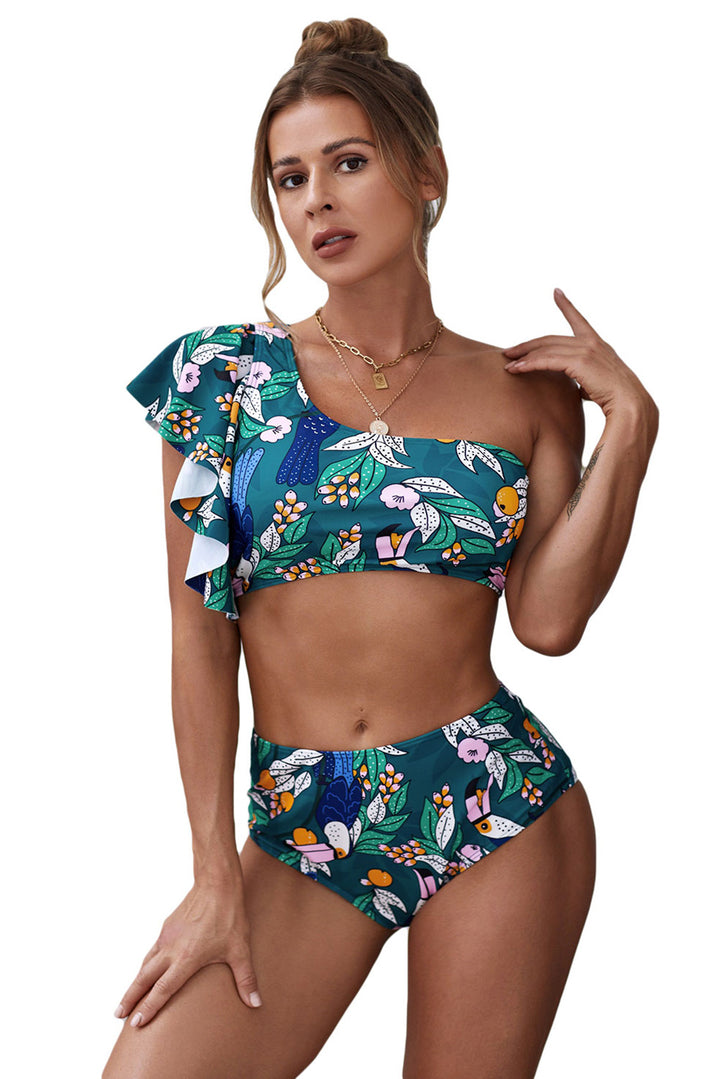 Green Floral Print Ruffled Single Shoulder High Waist Swimsuit