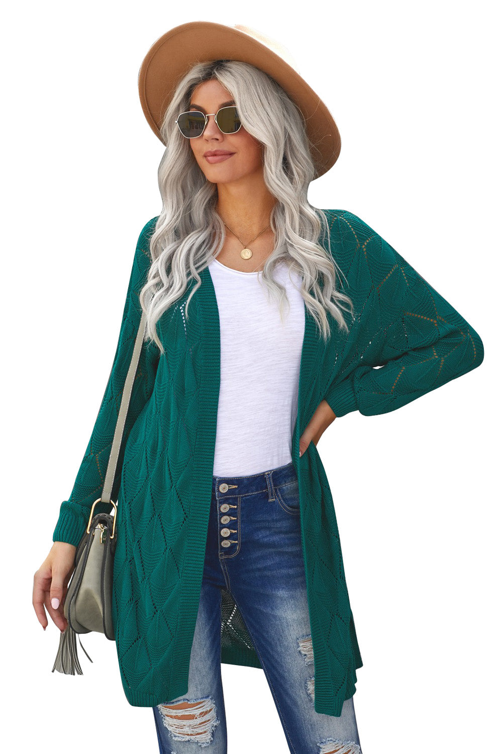 Green Hollow Out Bubble Sleeve Side Slit Knit Cardigan