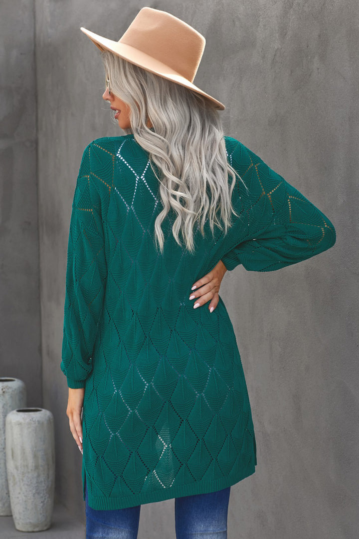 Green Hollow Out Bubble Sleeve Side Slit Knit Cardigan