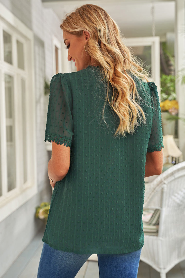 Green Lace Splicing V-Neck Swiss Dot Short Sleeve Blouse