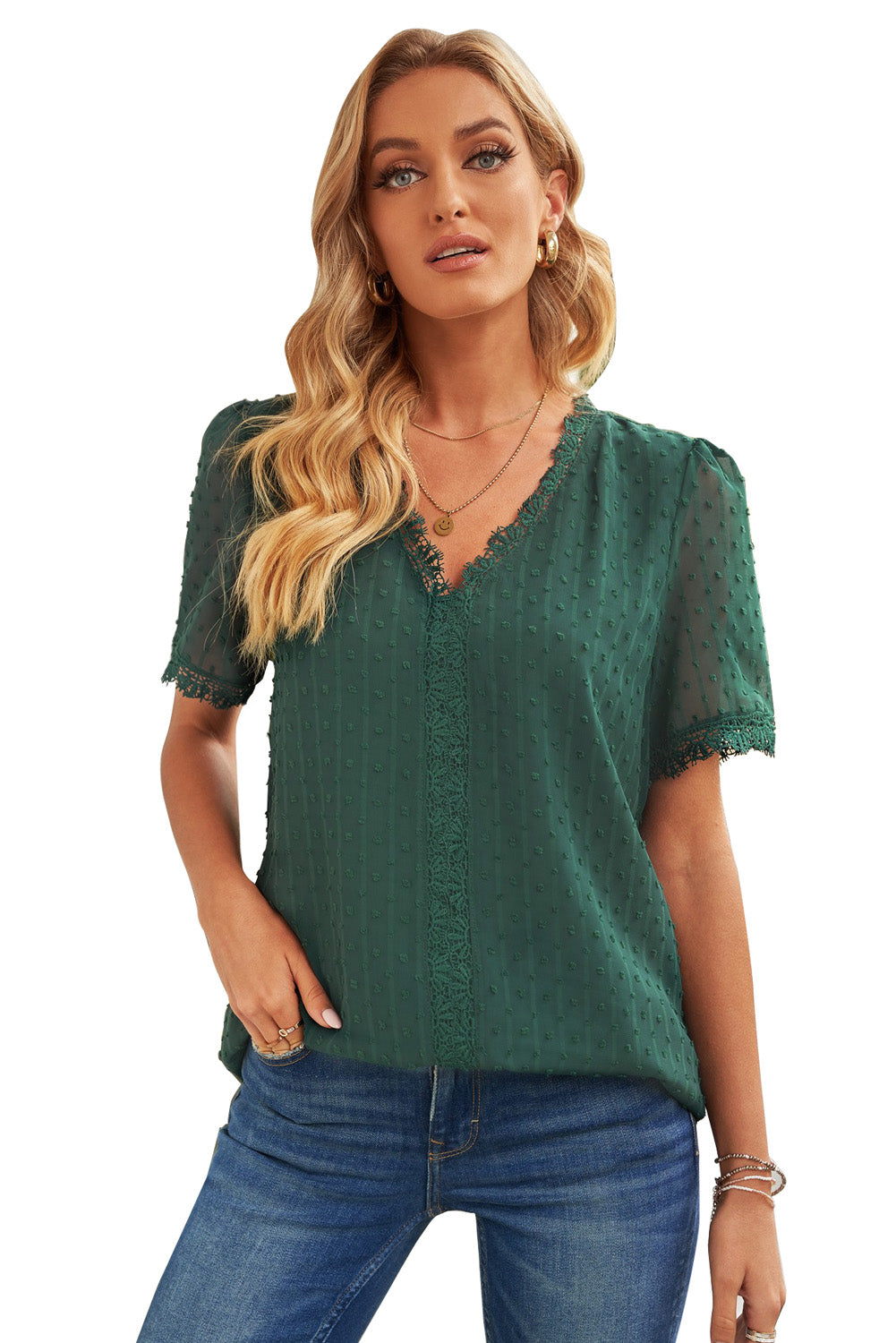 Green Lace Splicing V-Neck Swiss Dot Short Sleeve Blouse