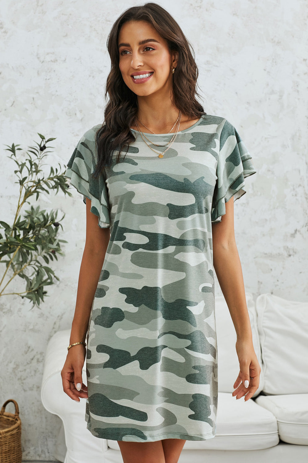 Green Pile Of Sleeves Camouflage Casual Dress