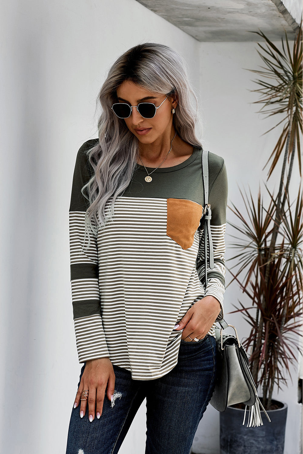 Green Pinstripe Patch Pocket Long Sleeve Top