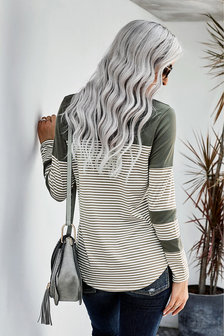 Green Pinstripe Patch Pocket Long Sleeve Top