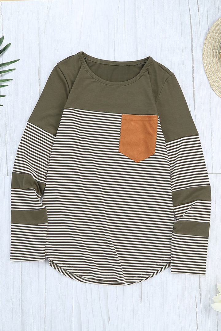Green Pinstripe Patch Pocket Long Sleeve Top