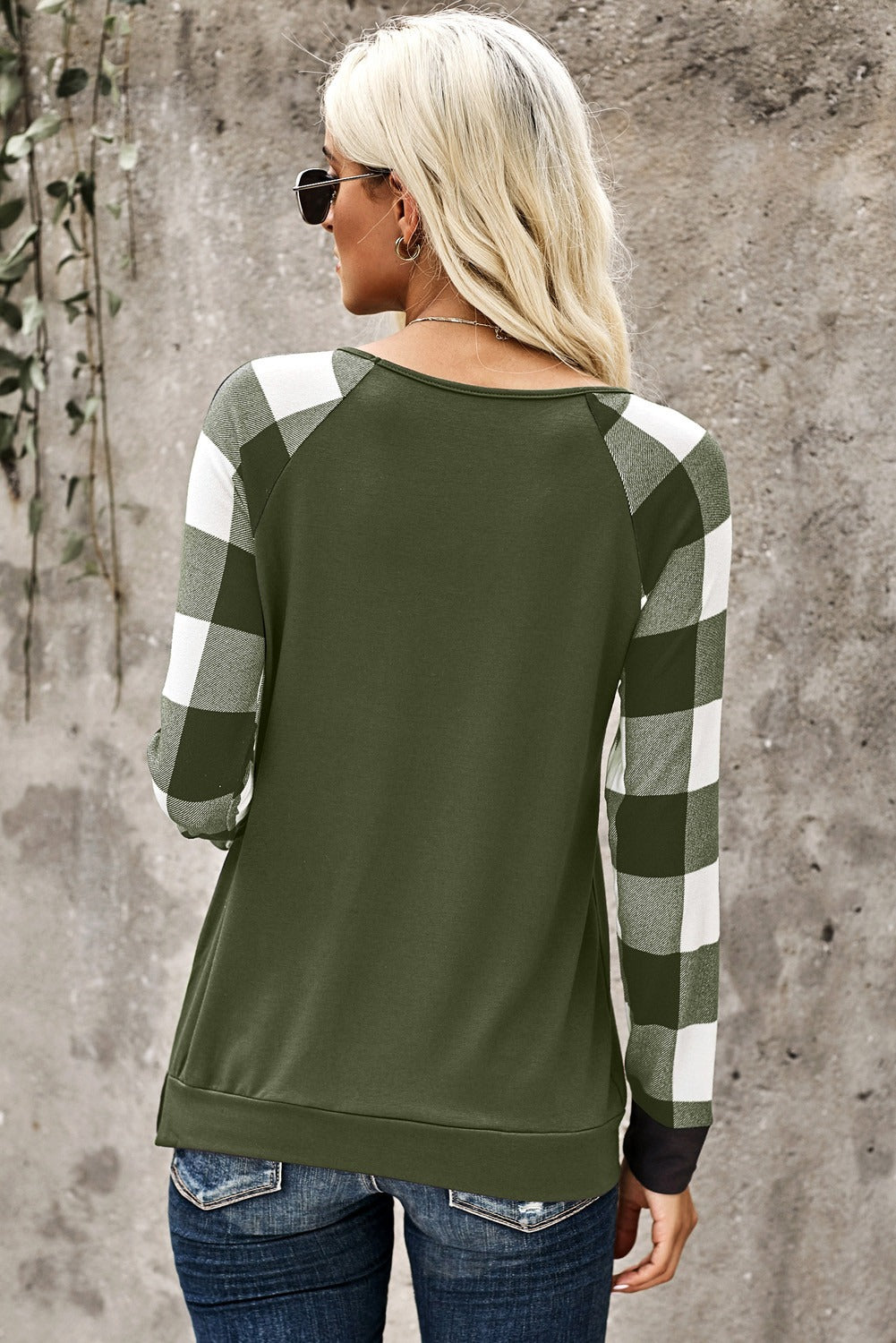 Green Plaid Splicing Sequined Pocket Long Sleeve Top