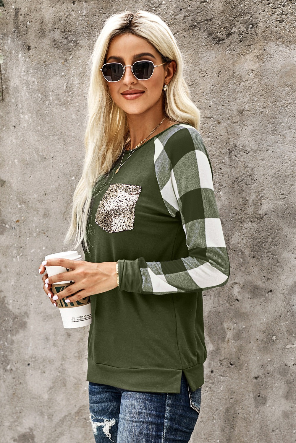 Green Plaid Splicing Sequined Pocket Long Sleeve Top