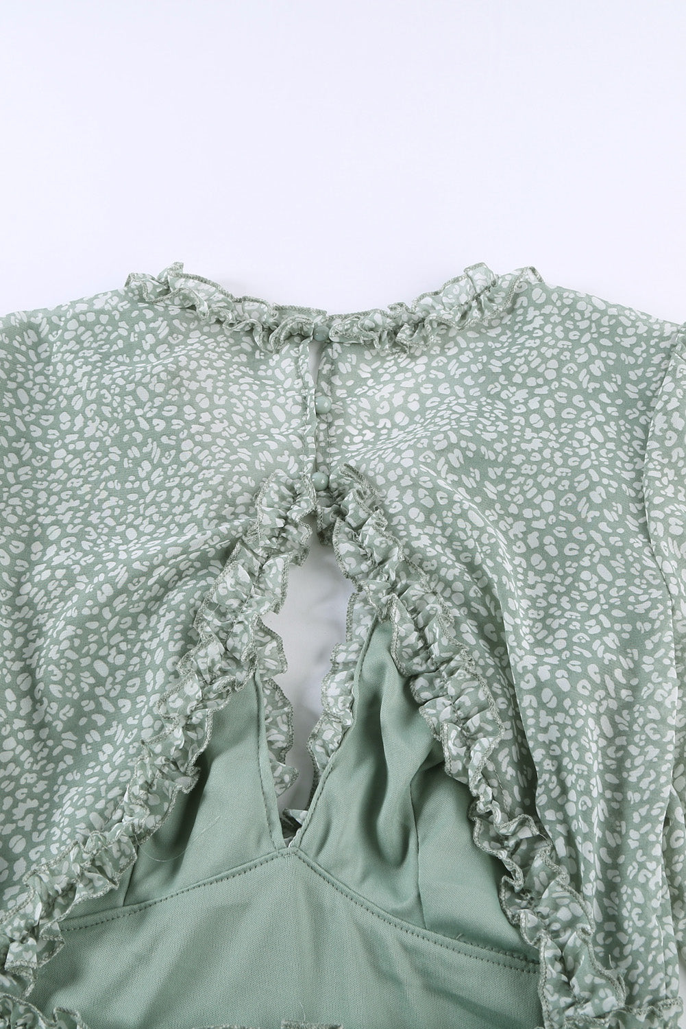 Green Ruffle Detailing V-neck Open Back Floral Dress