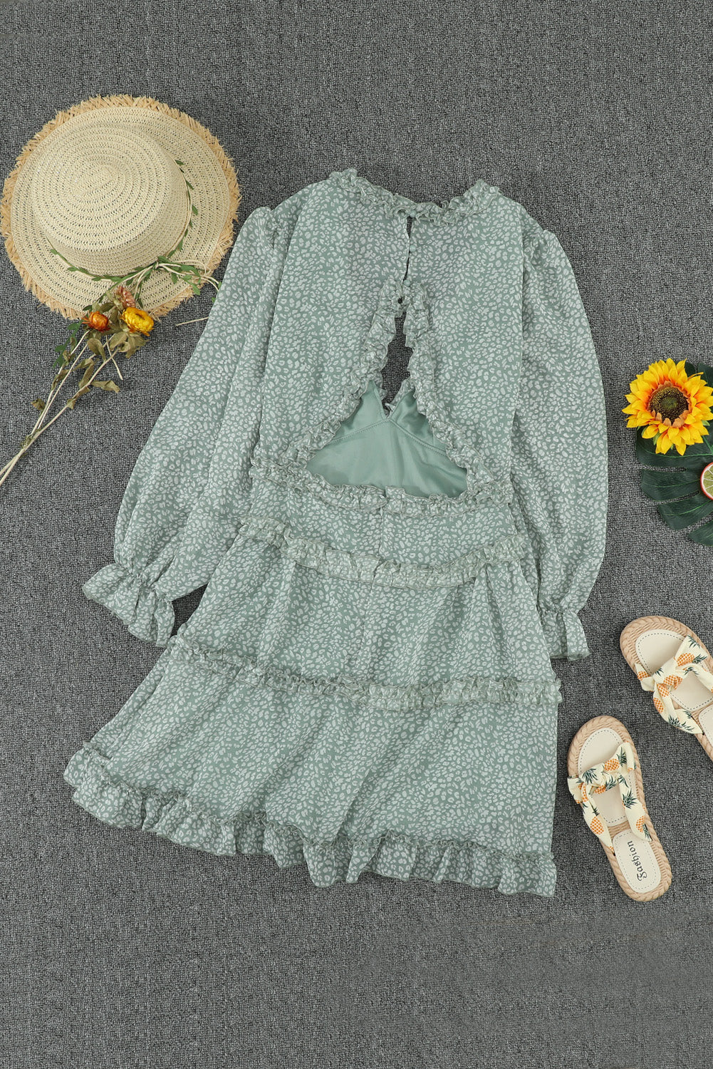 Green Ruffle Detailing V-neck Open Back Floral Dress MB220829-9 – ModeShe