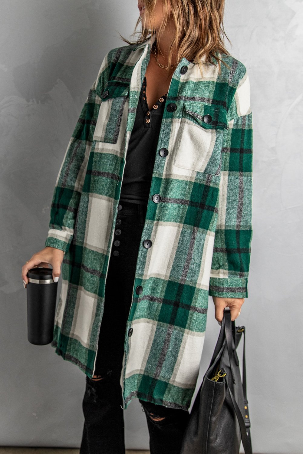 Green Shirt Collar Button Closure Long Plaid Coat