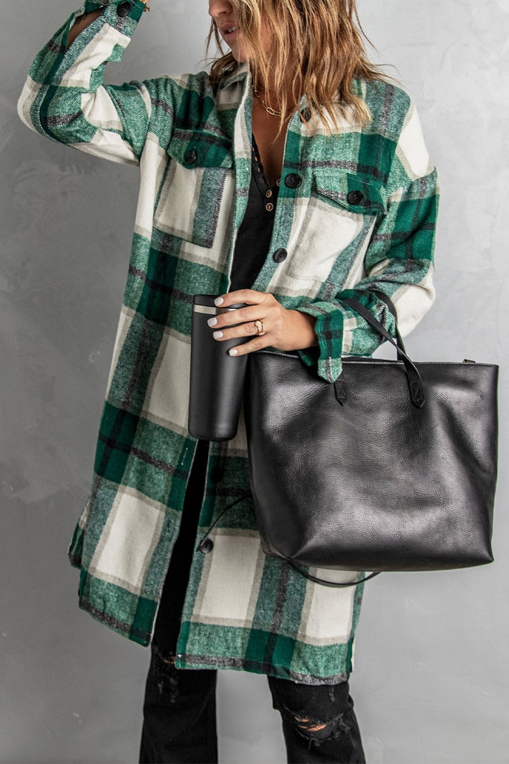 Green Shirt Collar Button Closure Long Plaid Coat