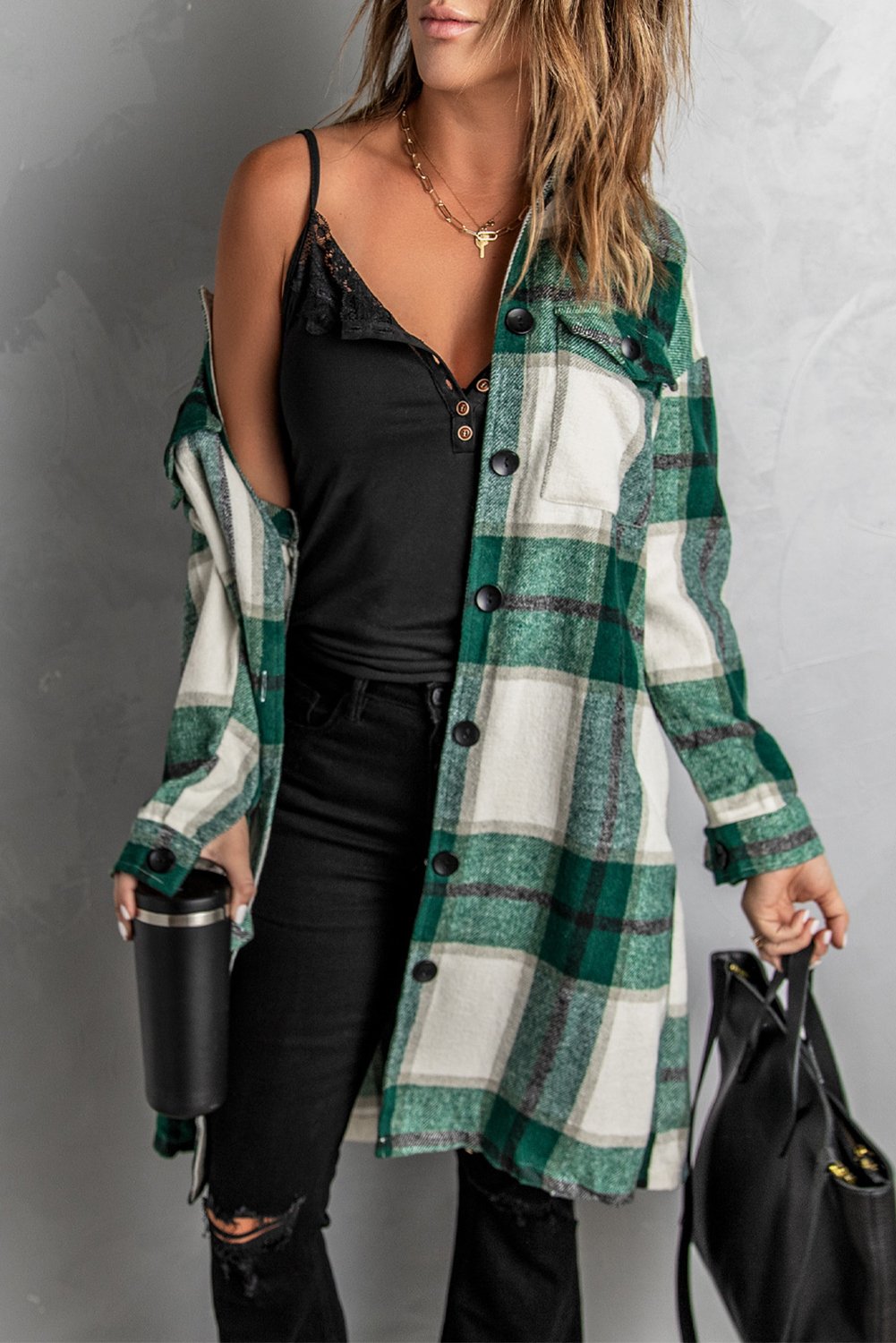 Green Shirt Collar Button Closure Long Plaid Coat