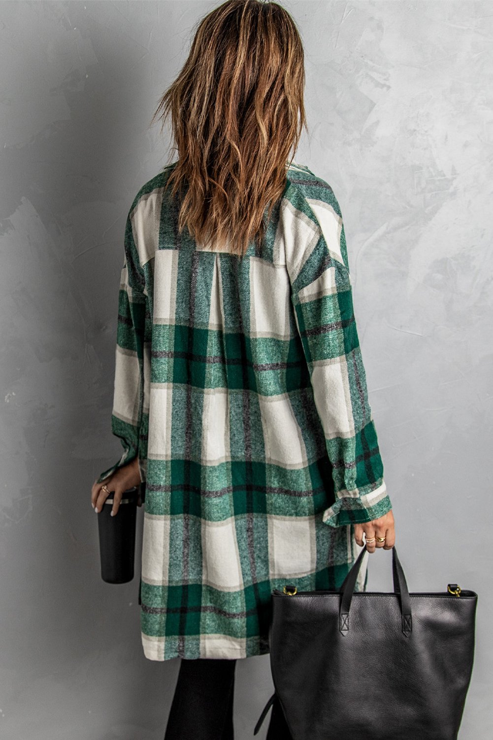 Green Shirt Collar Button Closure Long Plaid Coat