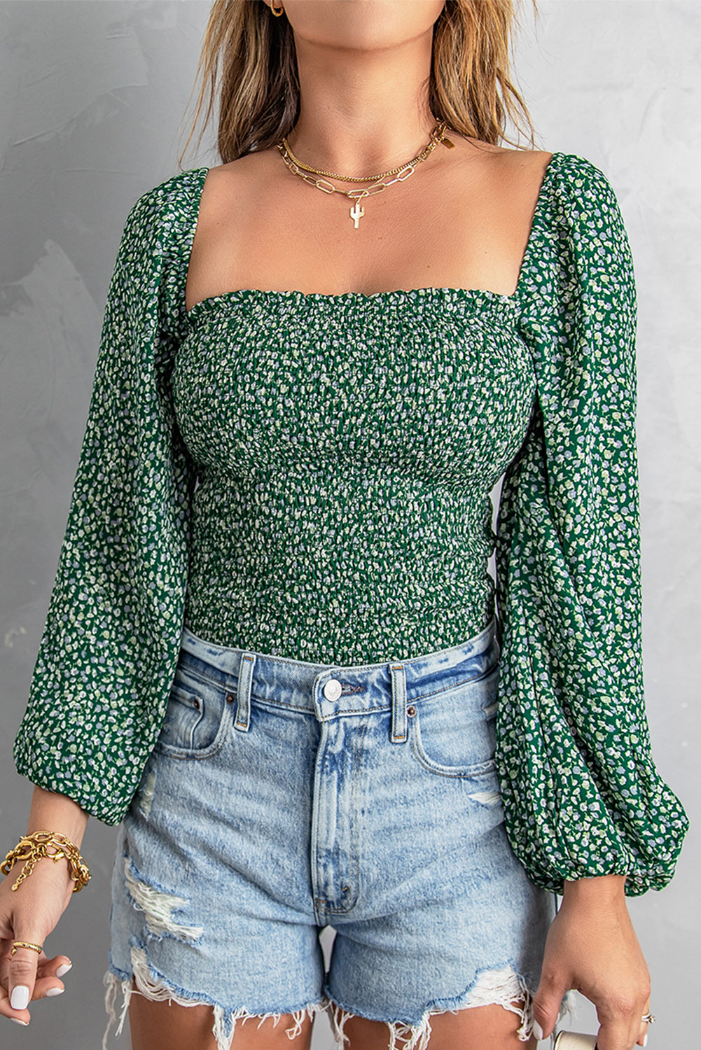Green Square Neck Puff Sleeve Smocked Floral Top