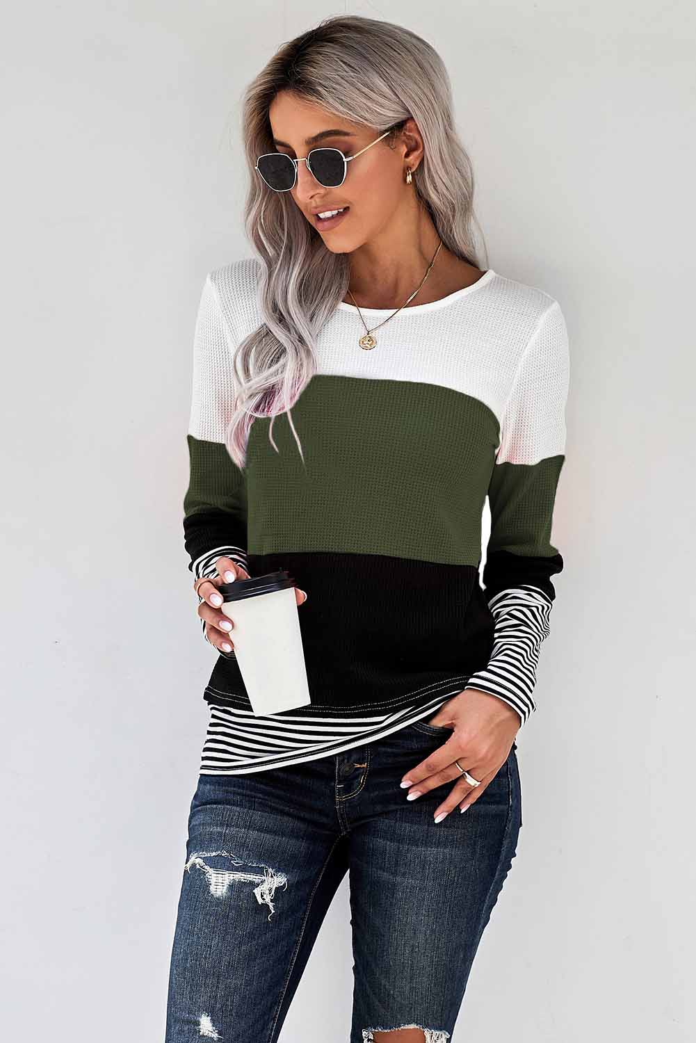 Green Stylish Colorblock Splicing Stripes Long Sleeve Top