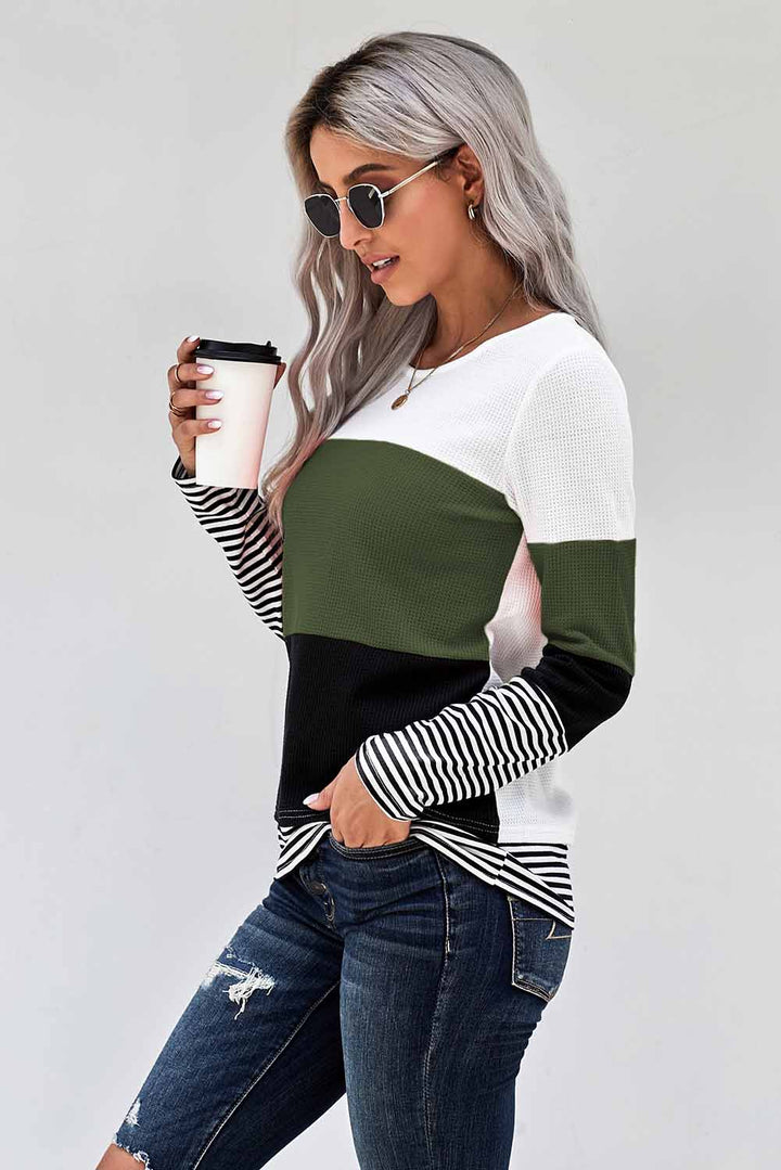 Green Stylish Colorblock Splicing Stripes Long Sleeve Top