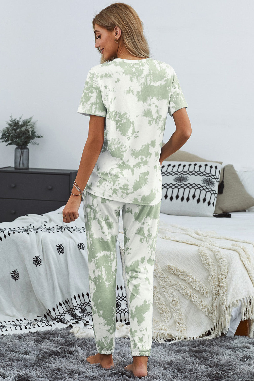 Green Tie-dye Short Sleeve T-shirt Pants Pajama Set