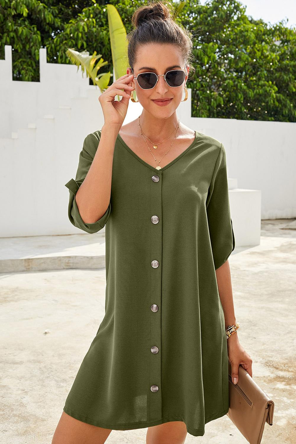 Green V Neck Button Front Roll up Tab Sleeve Casual Spring Dress