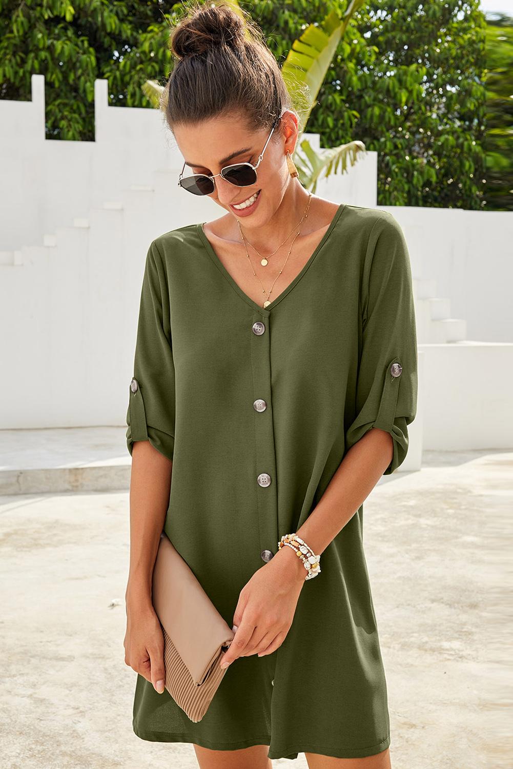 Green V Neck Button Front Roll up Tab Sleeve Casual Spring Dress