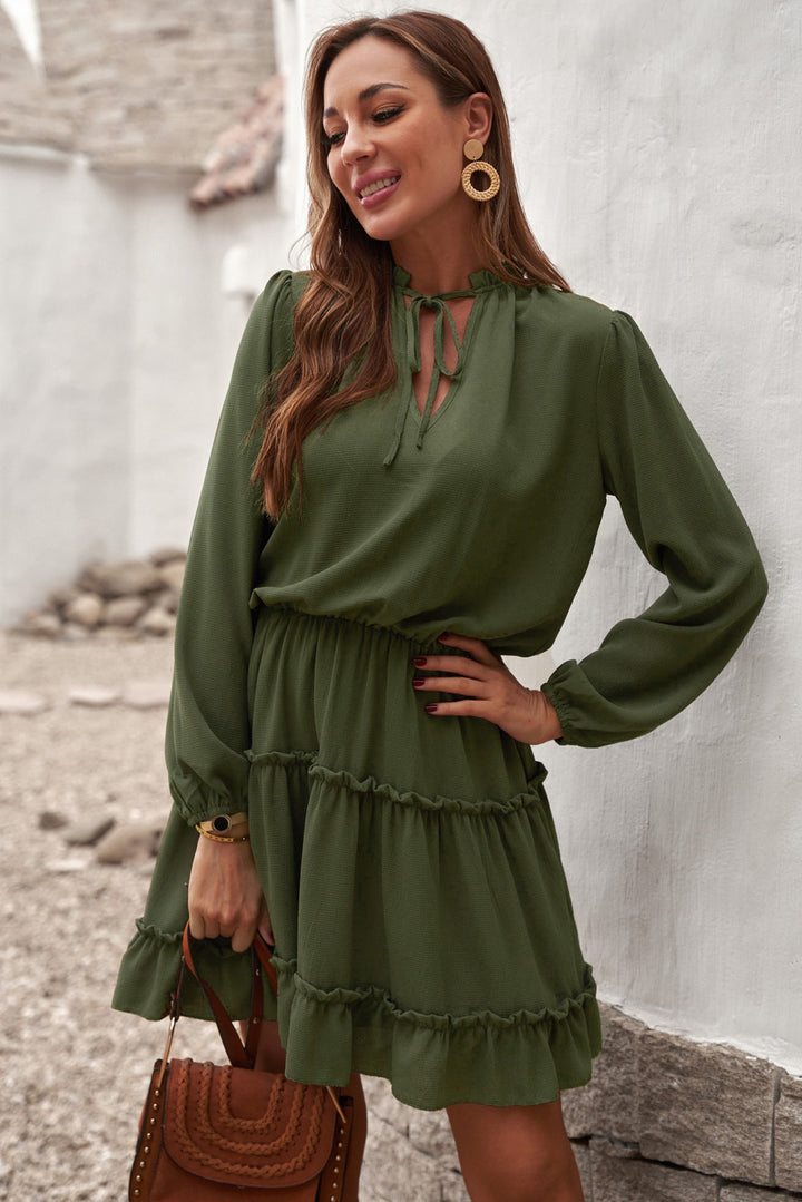 Green V Neck Long Sleeve Ruffle Tiered Mini Dress