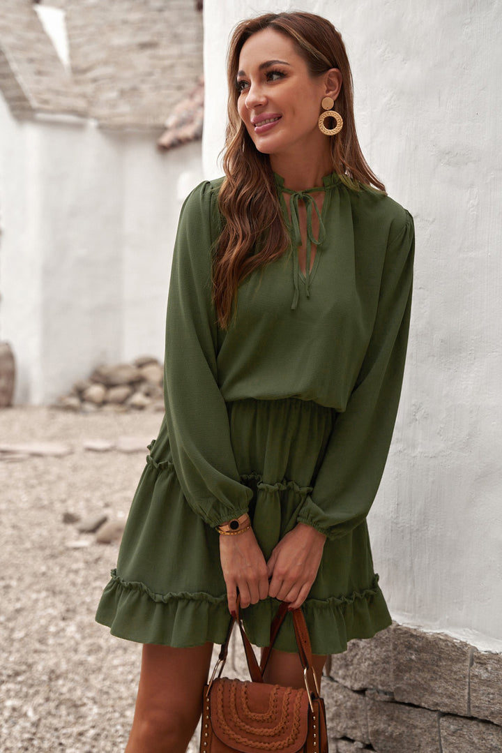 Green V Neck Long Sleeve Ruffle Tiered Mini Dress